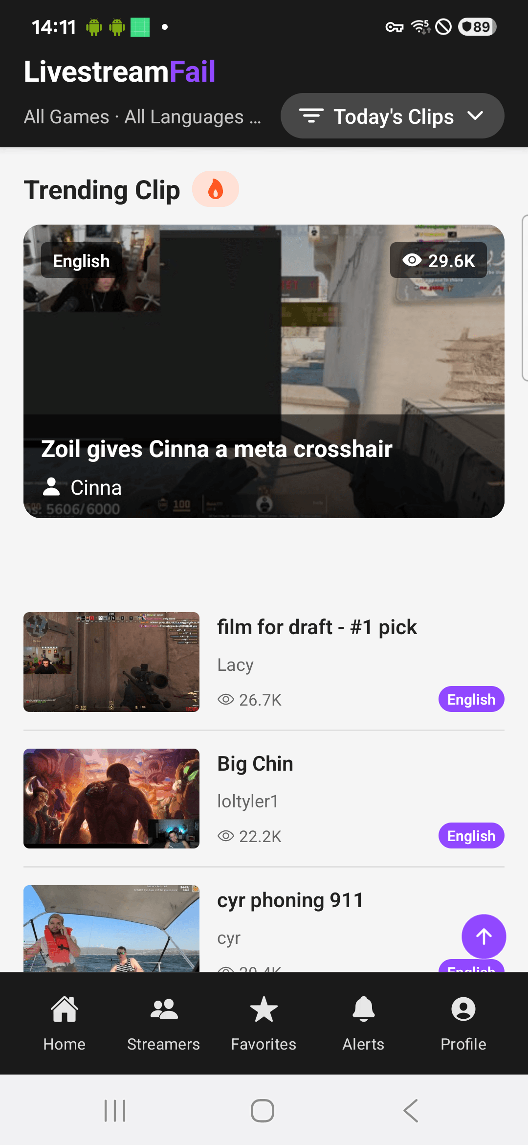 LiveStreamFail Android app showing trending Twitch clips